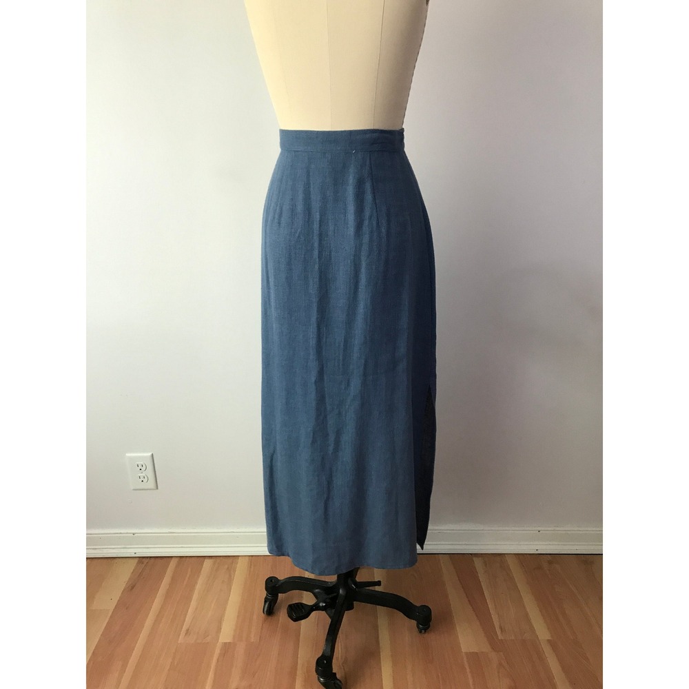 Blue Linen-Look Maxi Skirt Button Front High Waisted Side Slit 4 - Picture 7 of 8